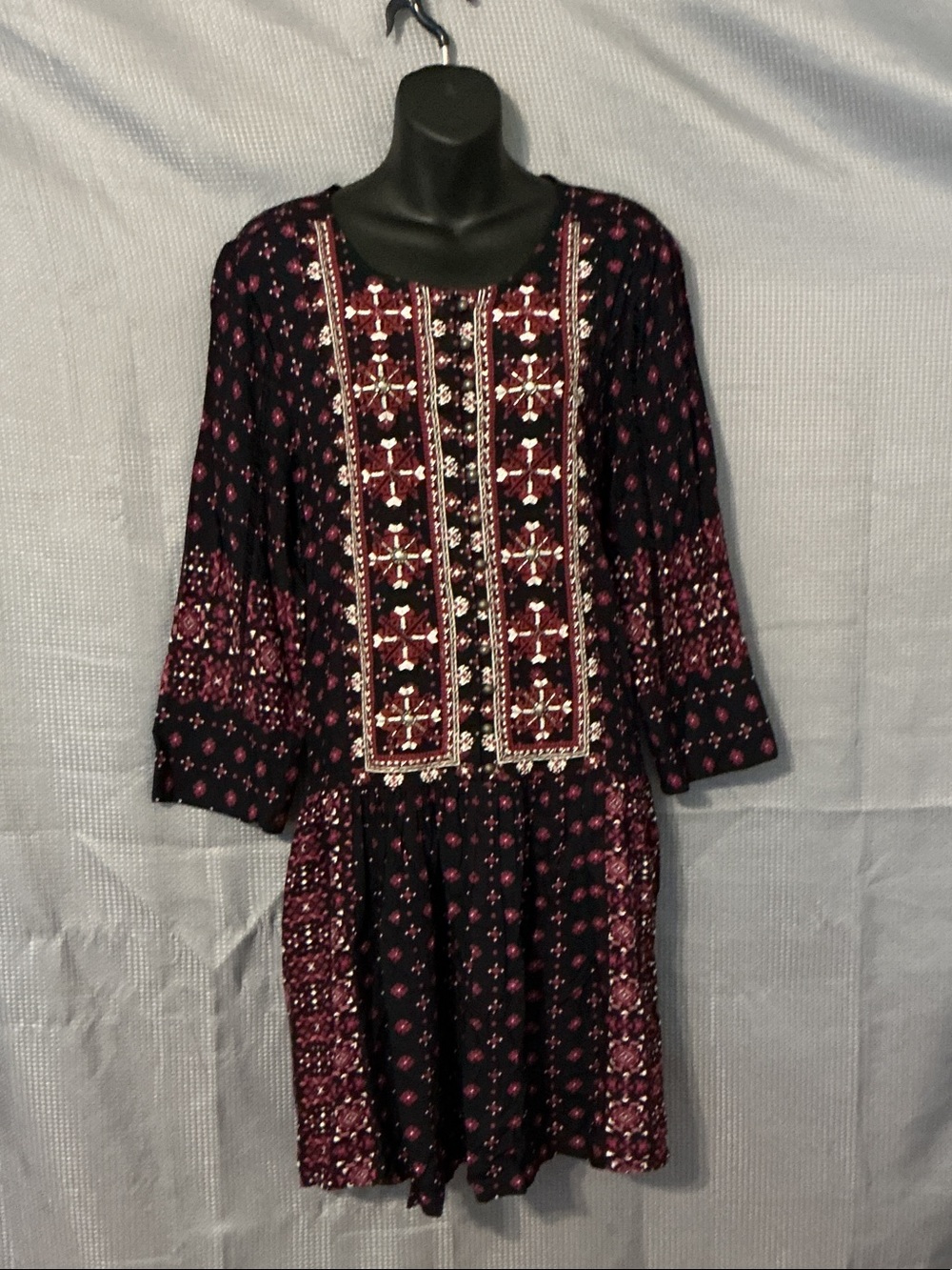 Anthropologie Black Dress with Burgundy Embroidered Panel